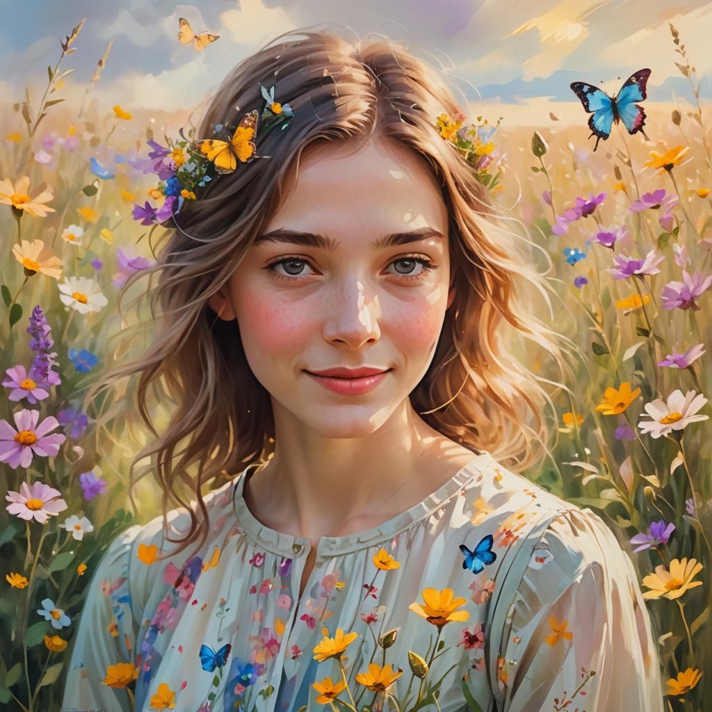 Impressionistic Portrait of a Woman in Wildflower Field