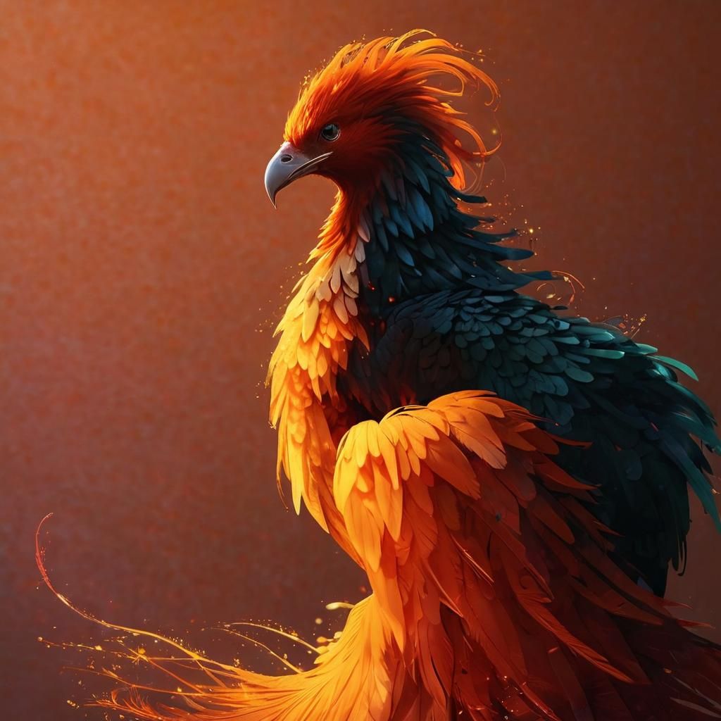 Resting Phoenix Bird Portrait in Digital Painting Style