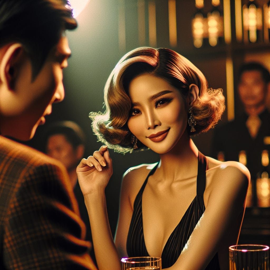 Cambodian Flight Attendant in Bar: Cinematic Film Still