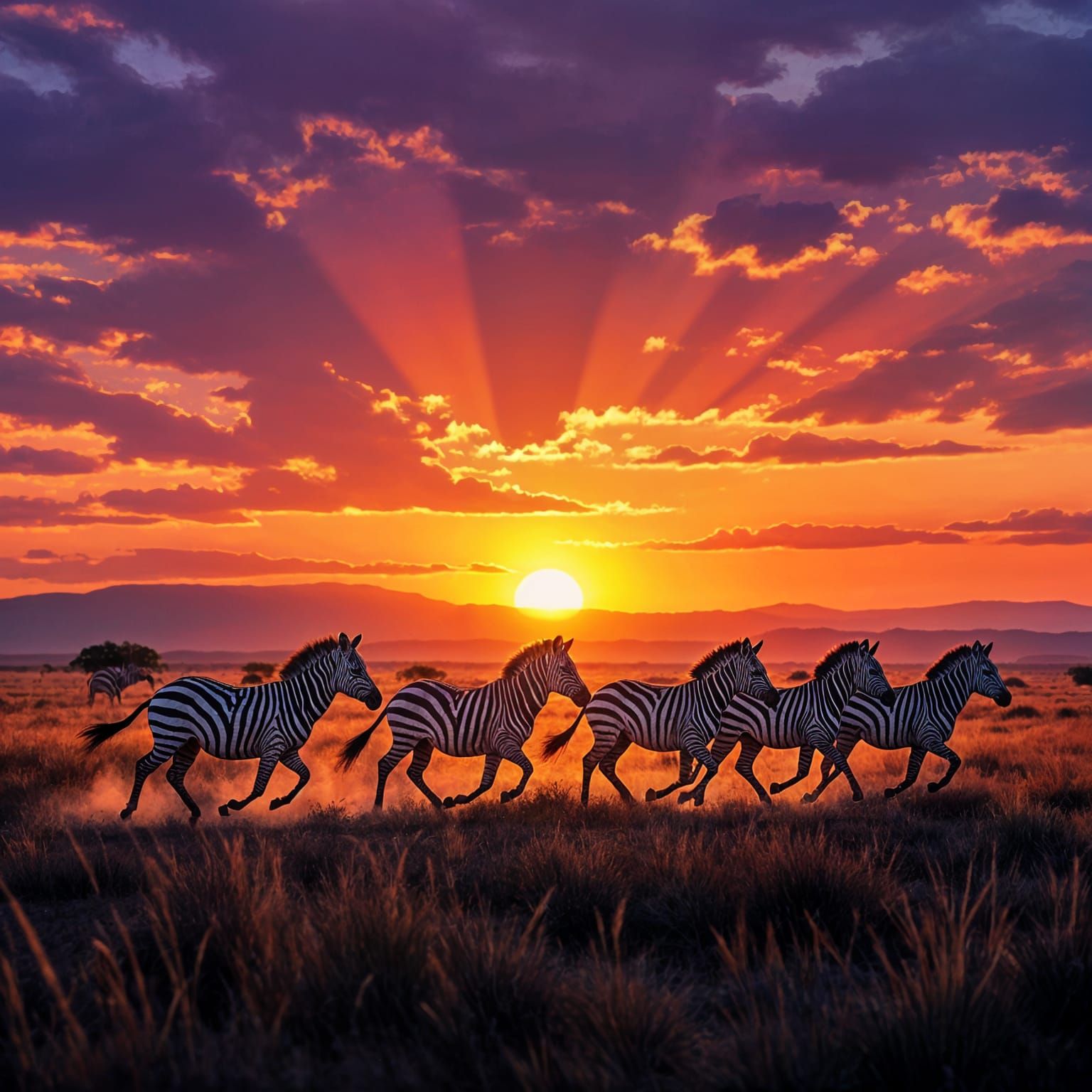 Zebras Running on African Savannah at Sunset, Impressionisti...