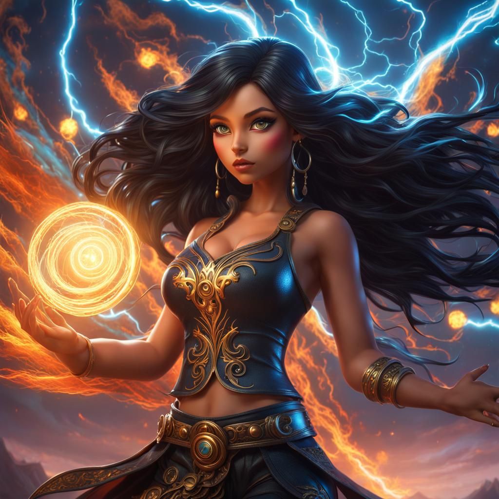 Pixie Girl Summons Lightning in Storybook Illustration