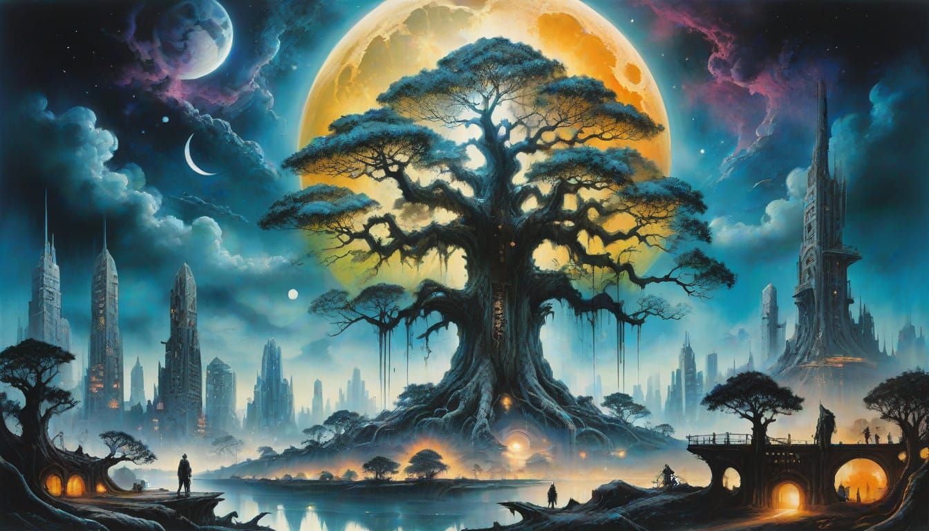 Cyberpunk Oak Masterpiece in Double Exposure