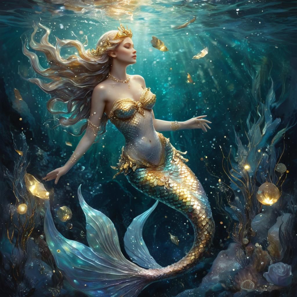 Ethereal Siren Mermaid in Iridescent Ocean Abyss