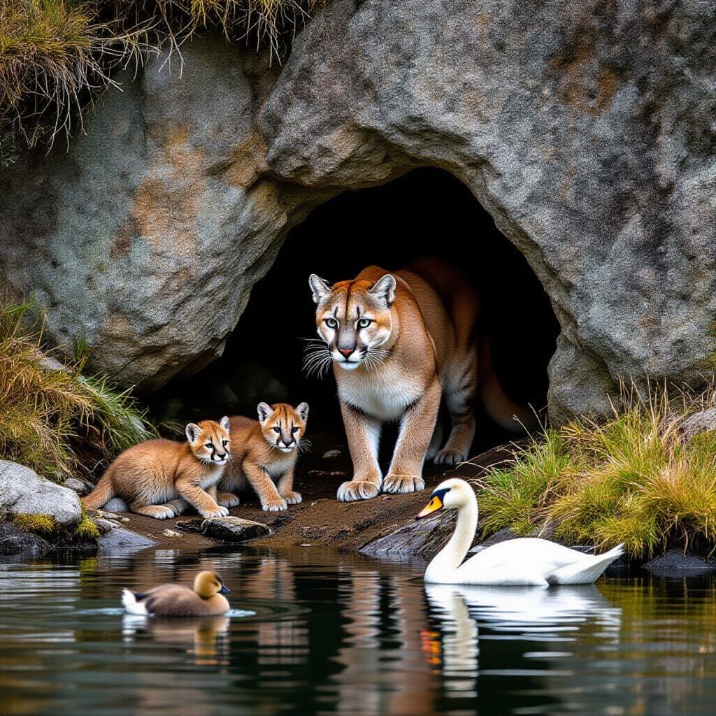 Puma Mother and Cubs Emerge from Cave onto Mountain Pond