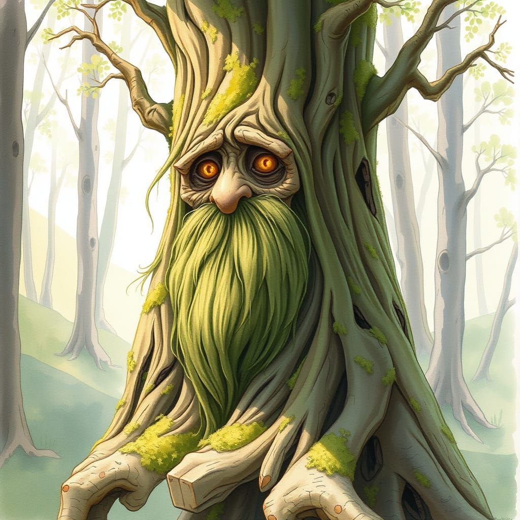 Whimsical Watercolor of a Wise Old Tree Spirit