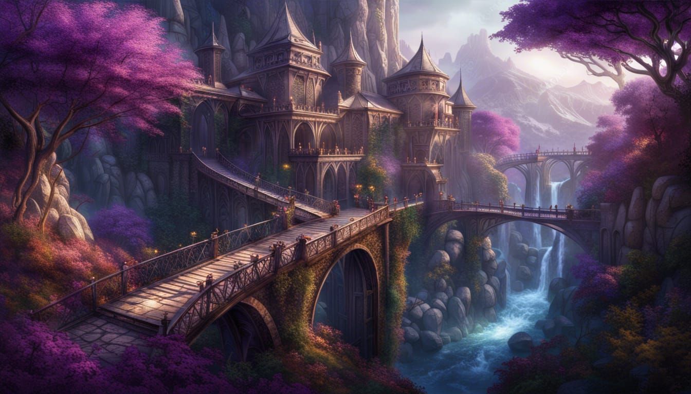 Fantasy Elven City in Mountain Forest