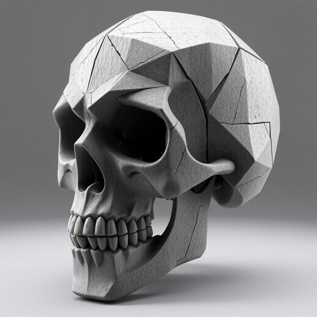 Geometric Skull Sculpture in Weathered Stone