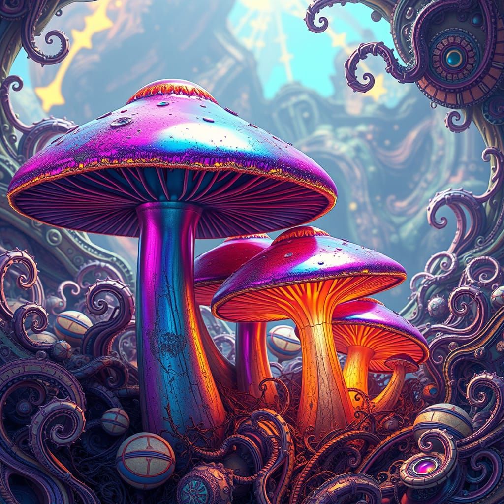 Iridescent Mushrooms with Metallic Sheens in Dreamlike Envir...