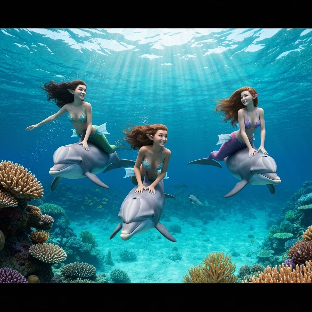 Mermaids Ride Dolphins Through Stormy Seas