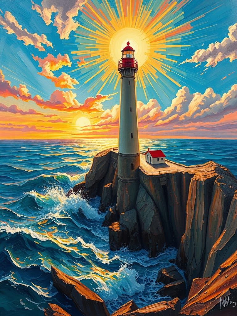 Majestic Lighthouse in Vibrant Neo-Impressionist Style
