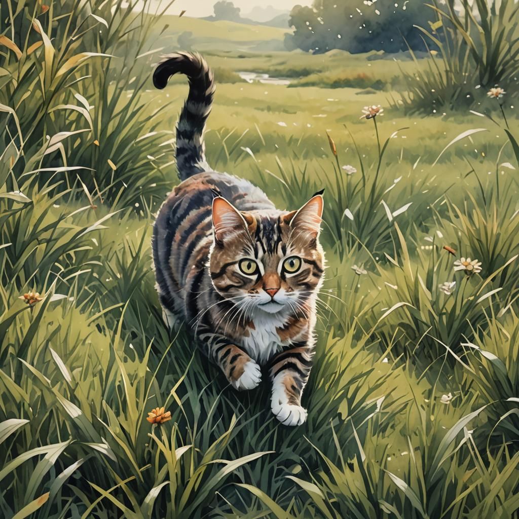 Cat Stretching in Grass, Watercolor Painting