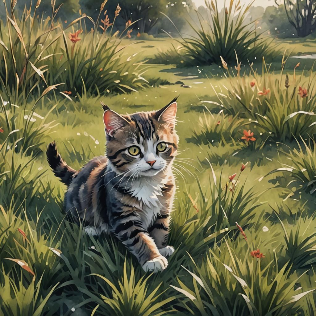 Cat Stretching on Grassland as Watercolor Painting