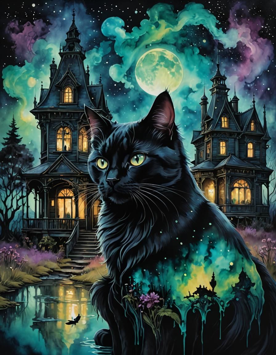 Nebula Black Cat in Dilapidated Mansion: Alcohol Ink Art