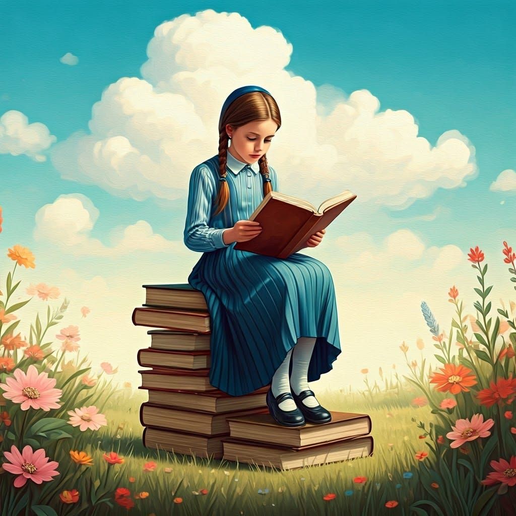 Girl Reading on Books in Surrealist Dreamscape