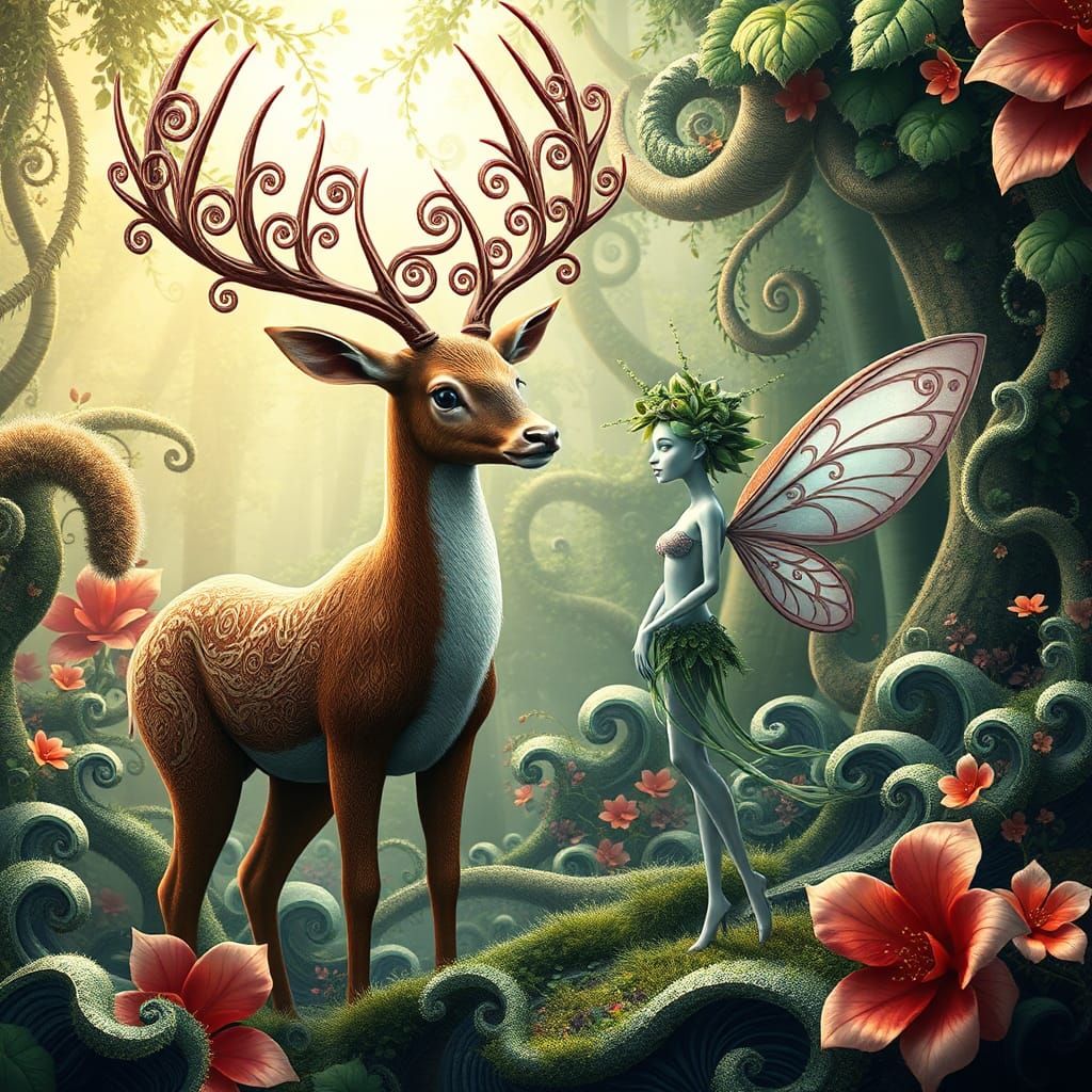 Deer and Plant Fairy in Fractal Forest