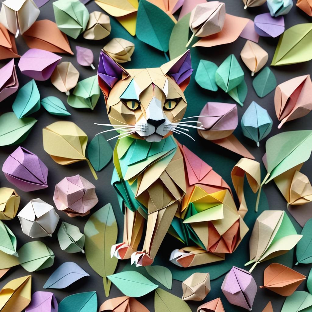 Pastel Origami Art with Seed Pods and Puma