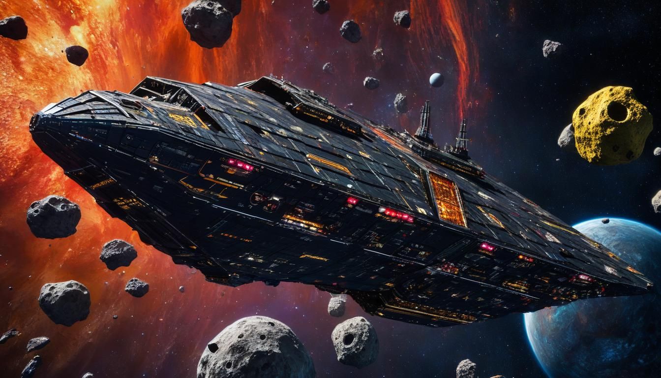 Pirate Spaceships Fleet Soaring Through Asteroid Field