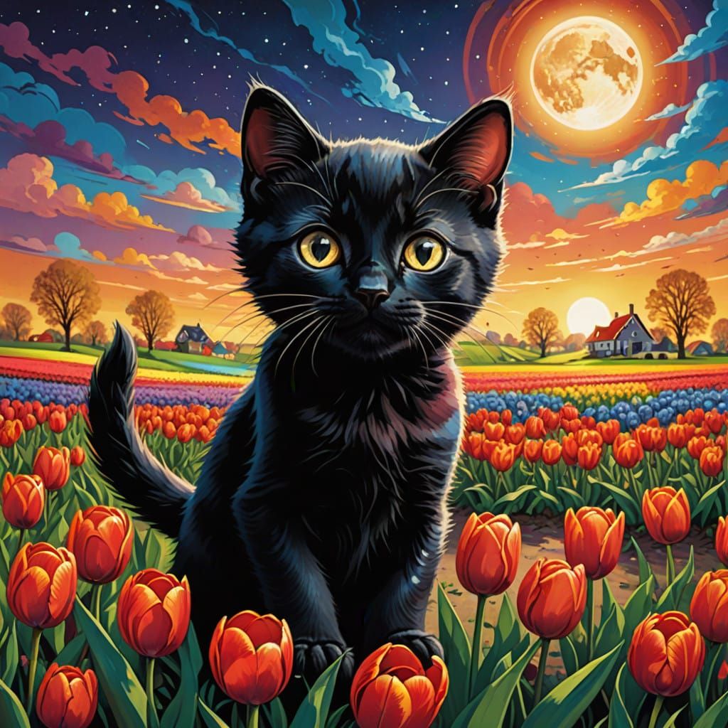 Joyful Black Kitten Frolicking in Vibrant Tulip Field