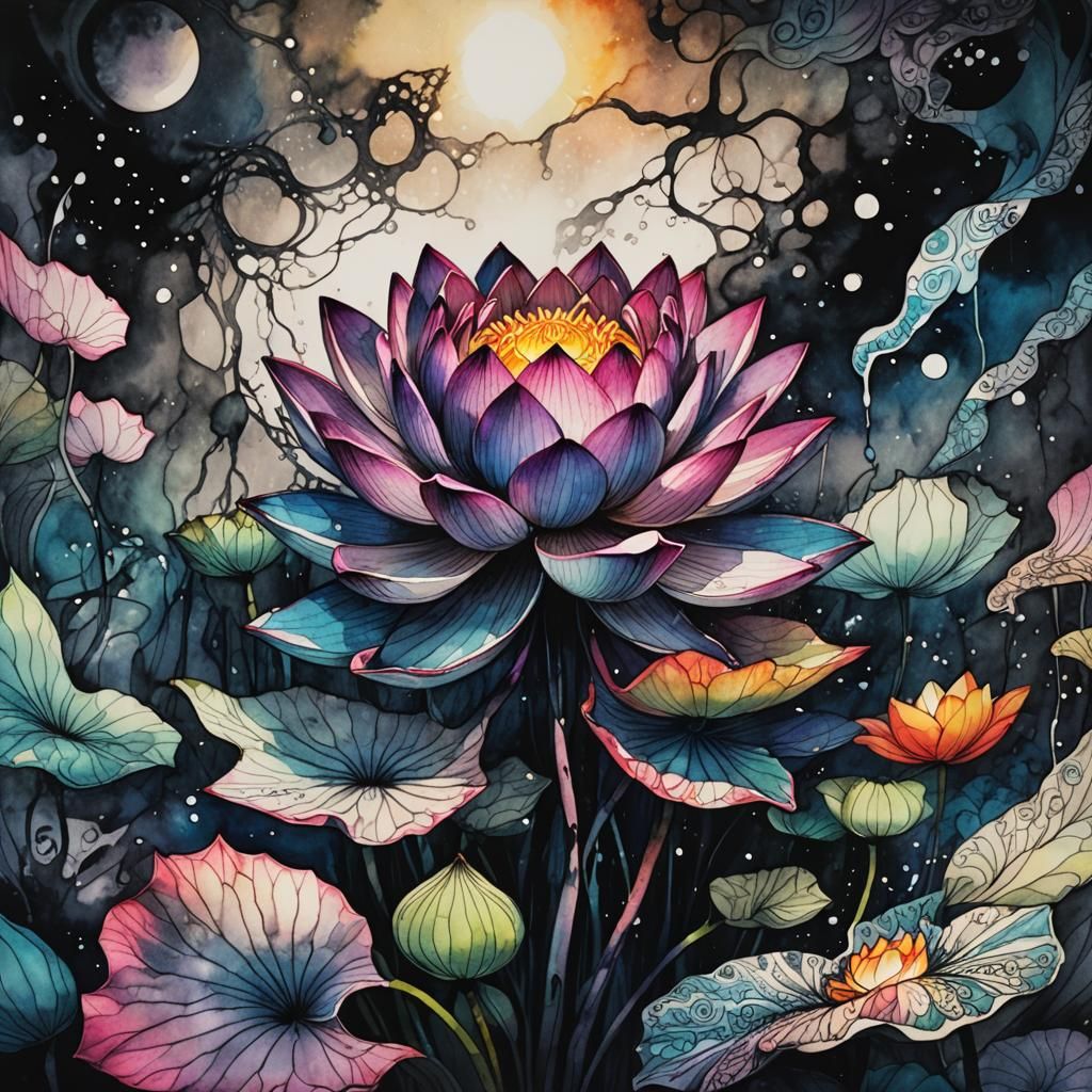 Rainbow Lotus Rises in Dark Fantasy Ink Wash
