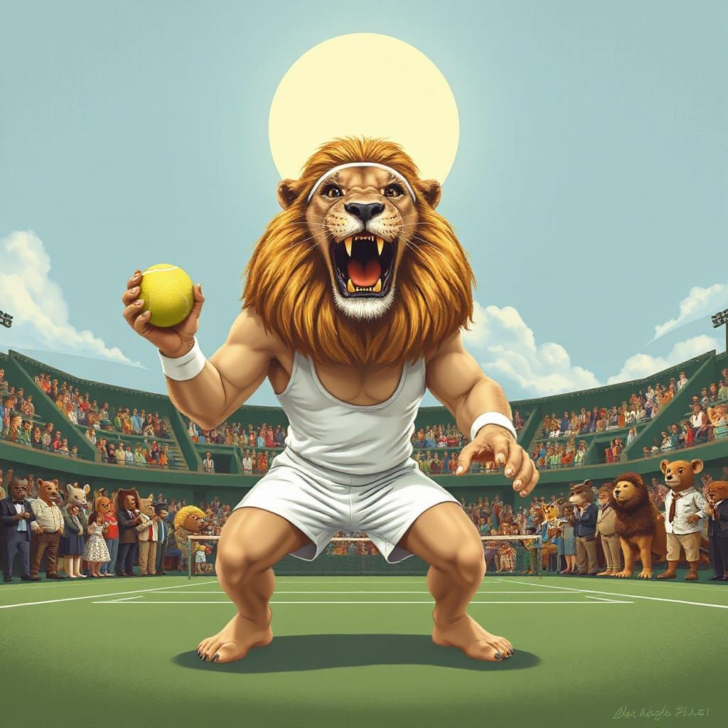 For the "The Wombledon Open" challenge, imagine a majestic lion in a pristine white tennis outfit, complete with a tiny ...