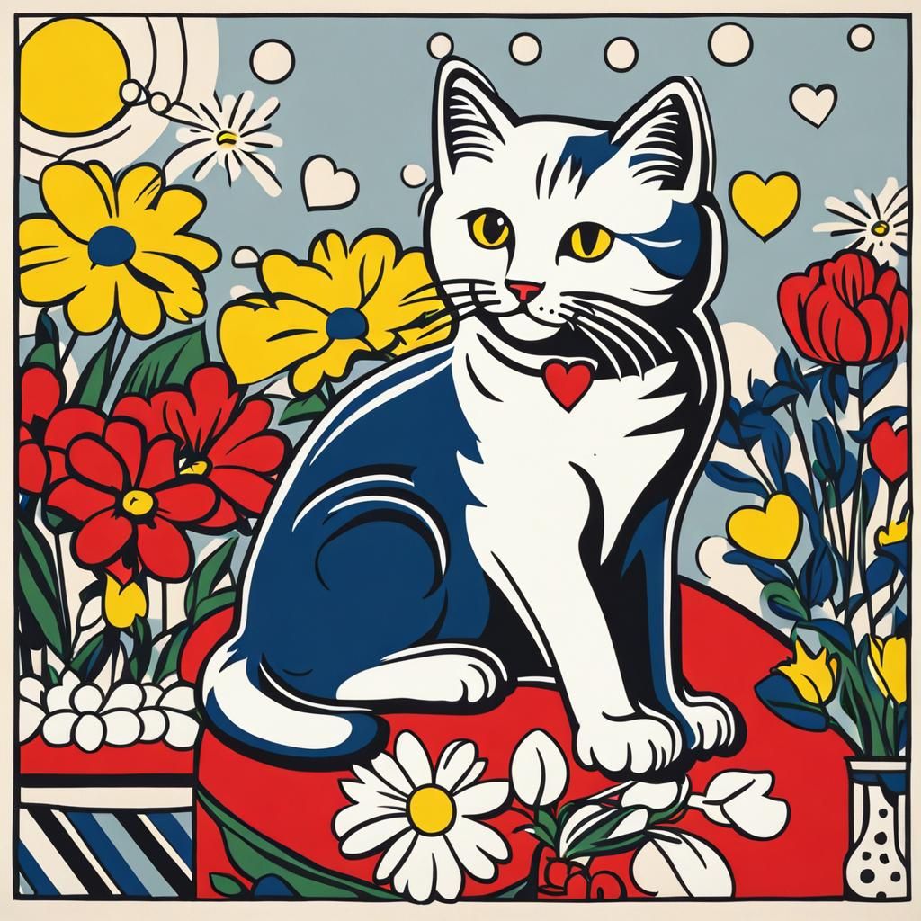 Pop Art Cat on Pillow in Lichtenstein Style
