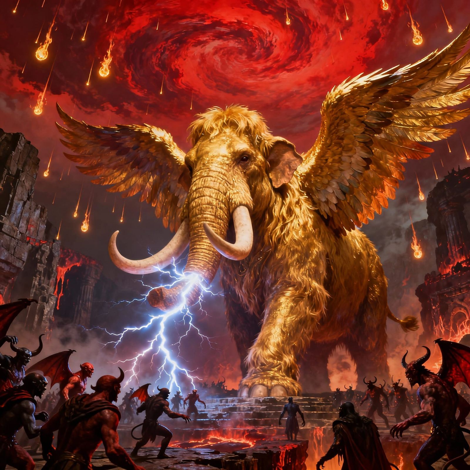 Celestial Mastodon Blasts Devils with Lightning in Hell