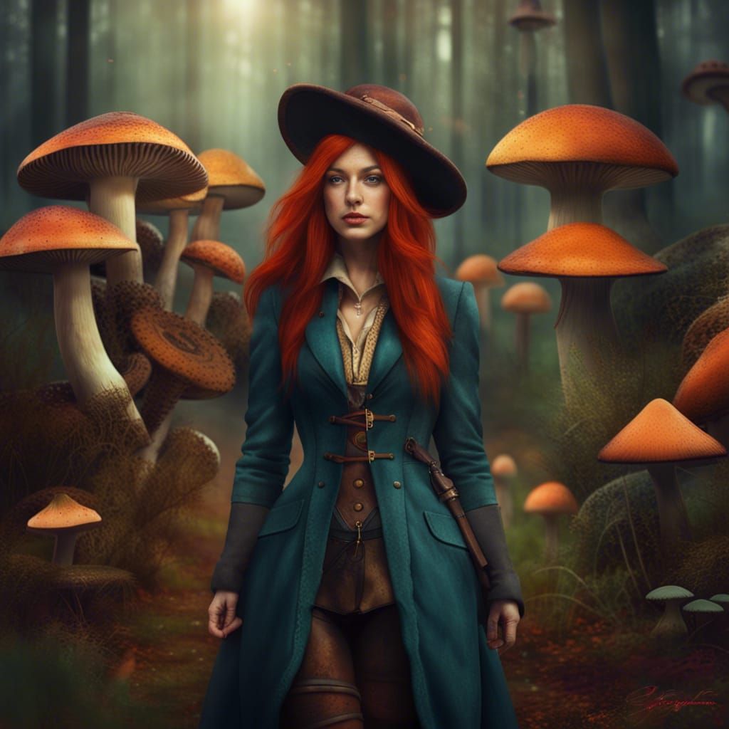 Steampunk Redhead in a Colorful Fantasy Forest