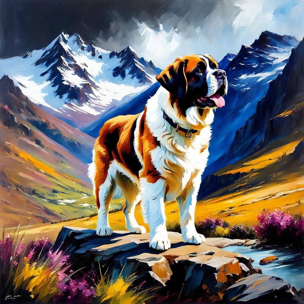Saint Bernard in Mountain Landscape as Oil Painting
