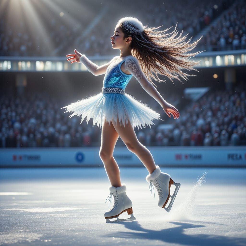 Girl Performing Triple Axel on Ice Rink