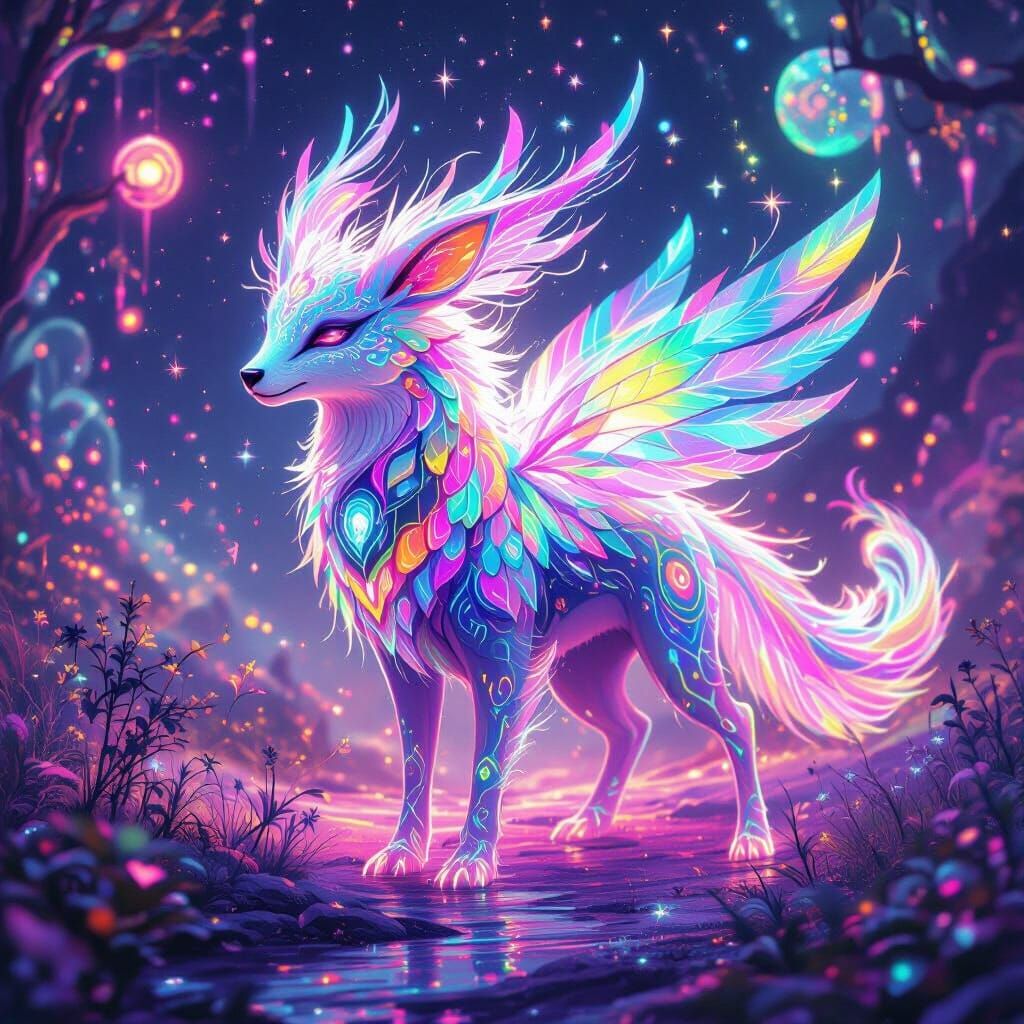 Cosmic Animal Guides in a Surreal Neon Dreamscape