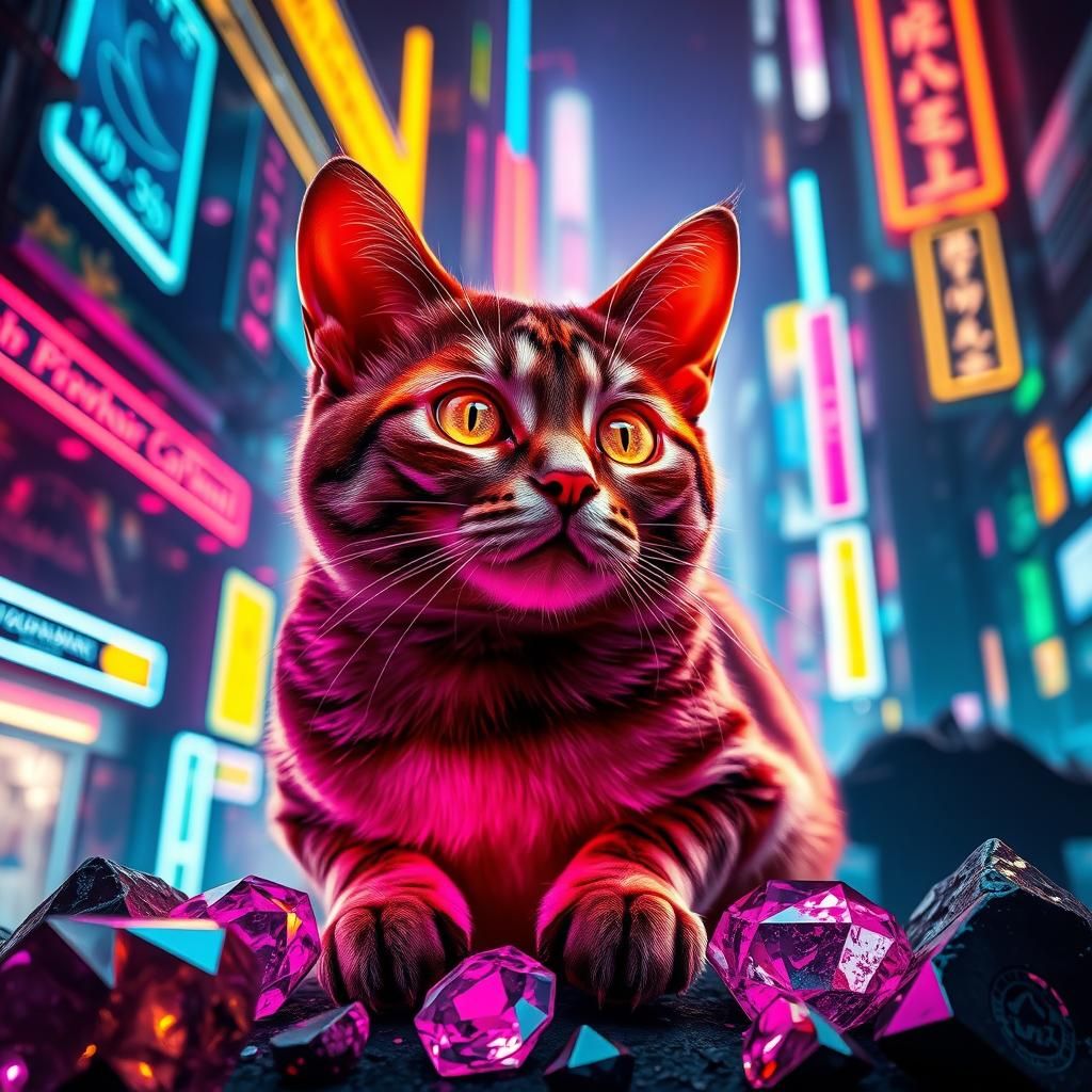 Psychedelic Cyberpunk Cat in Neon Cityscape
