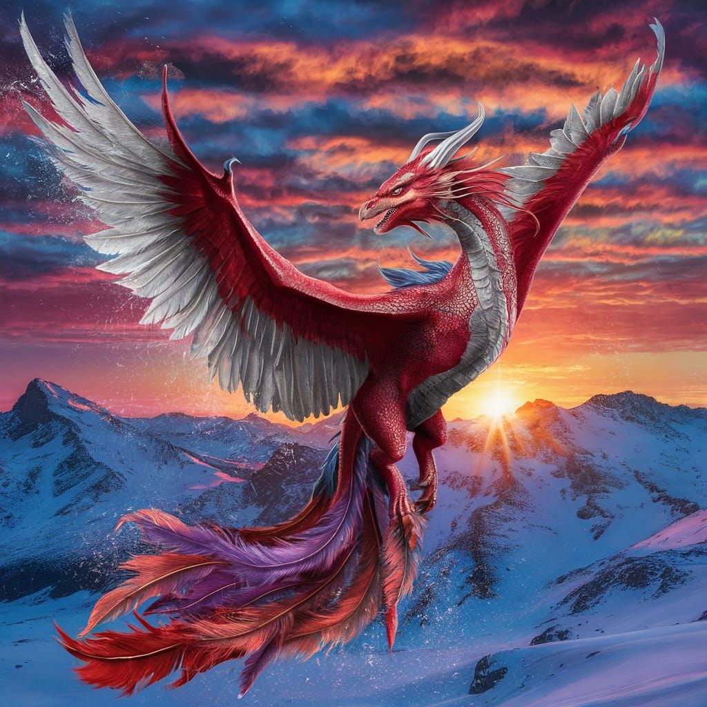 Phoenix Dragon Soaring into a Colorful Sunset