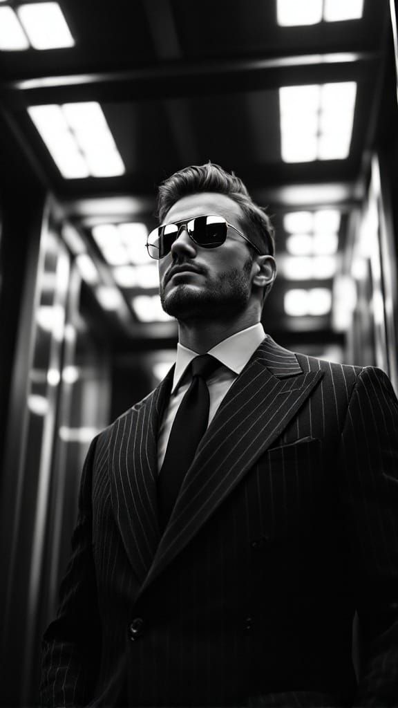 Monochrome Masterpiece: Sharply Dressed Man in Elevator