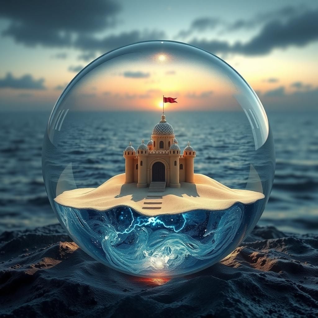Glass Orb Sandcastle: Hyperrealistic Artstation Render