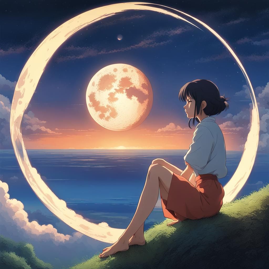 Woman Gazing at Cosmos in Studio Ghibli Style