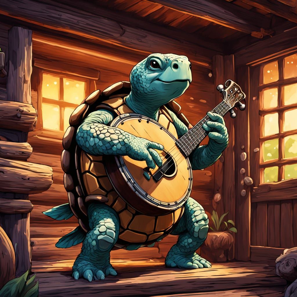 Anime Turtle Serenade at Log Cabin Door