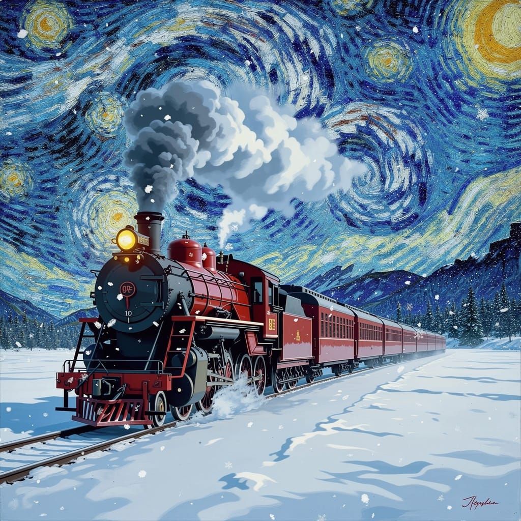 Crimson Steam Train in Snowy Winter Landscape