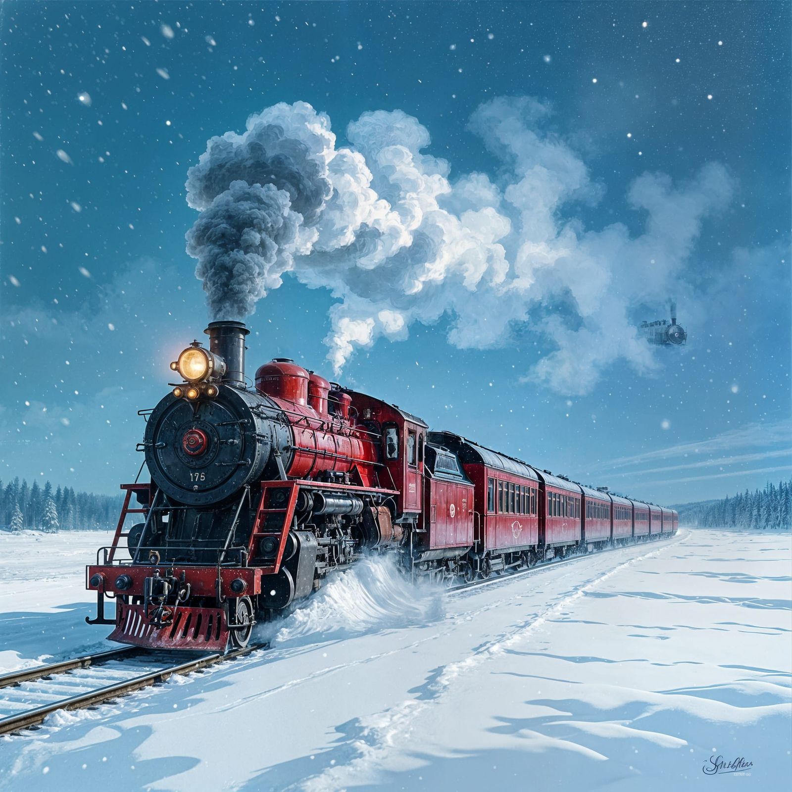 Crimson Steam Train in Snowy Winter Landscape