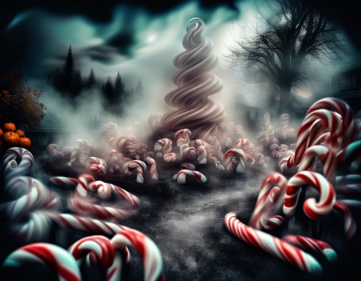 Halloween Landscape with Candy Canes and Dark Swirls