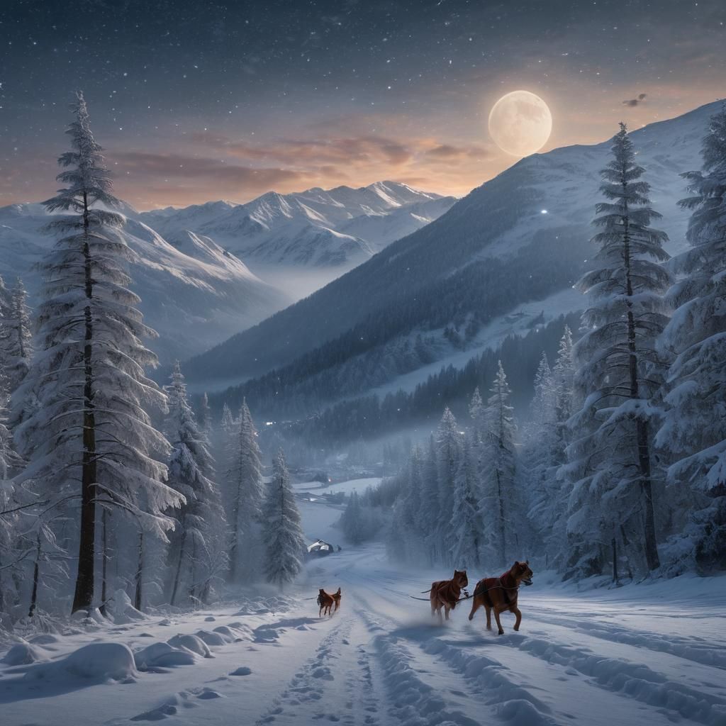 Winter Troika Races Through Snowy Valley at Night