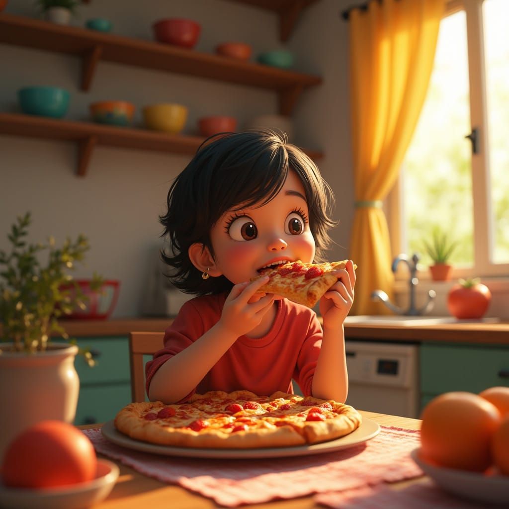 Whimsical Pizza Scene in Vibrant Colors and Soft Lighting