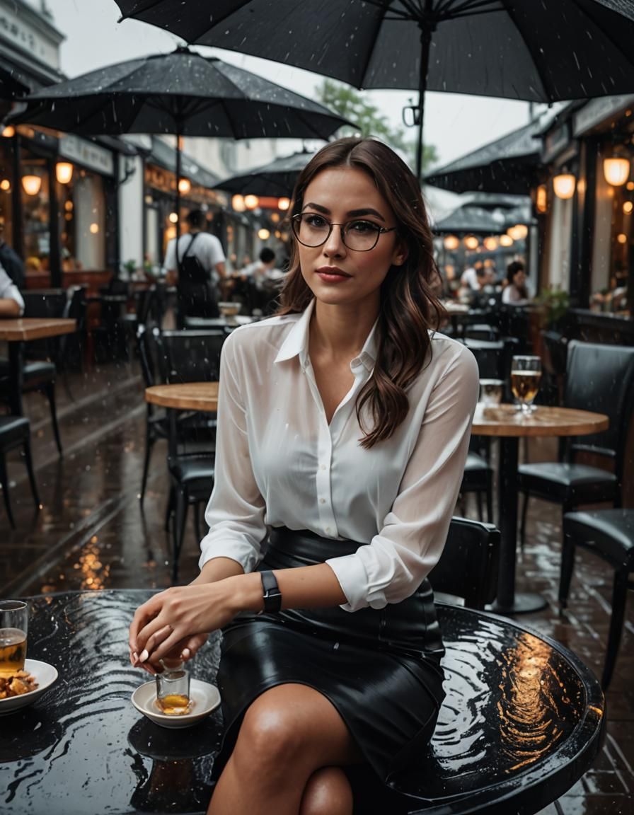 Woman in Round Glasses Sits in Rainy Restaurant