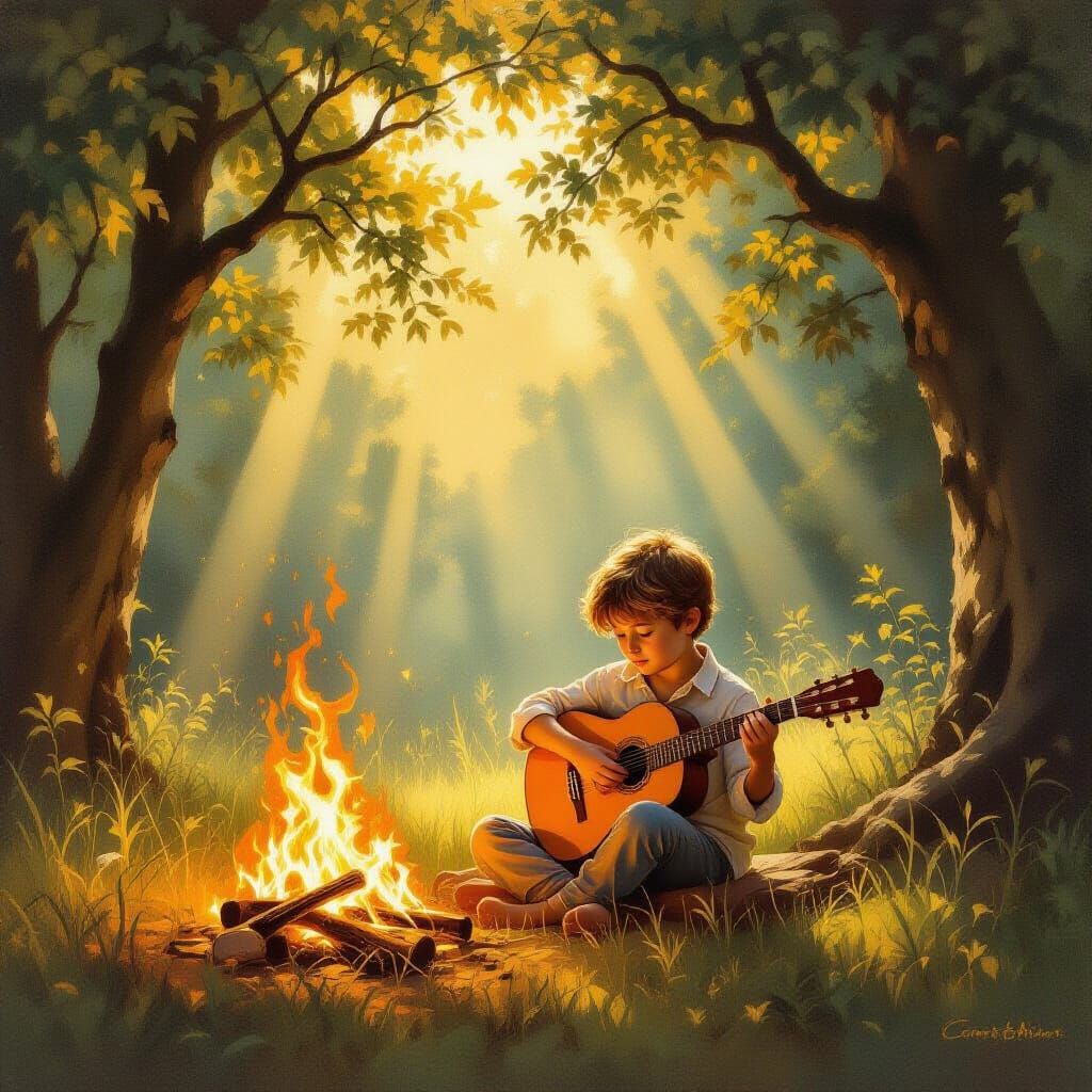 Boy Plays Fire Guitar in Sunlit Forest Clearing