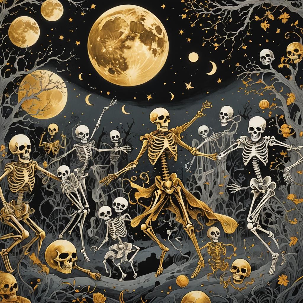 Whimsical Ink Illustration: Dancing Ghosts in Moonlight