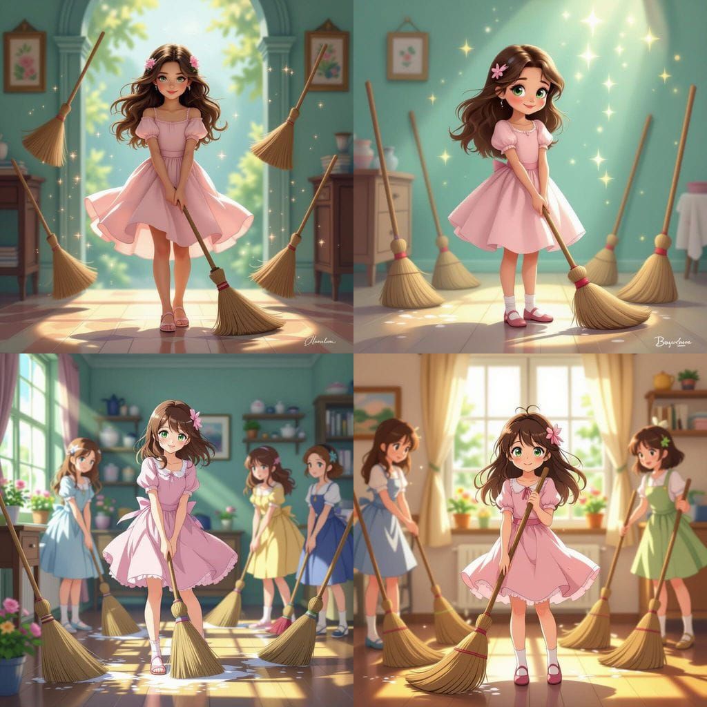 Teenage Girl Cleans Floor with Magic Brooms