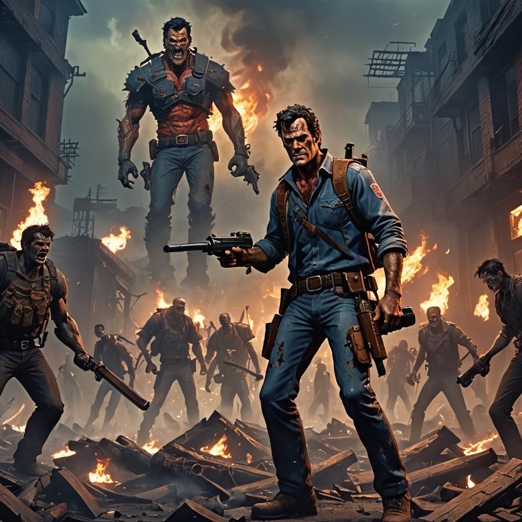 Triumphant Ash Williams in Apocalyptic Wasteland