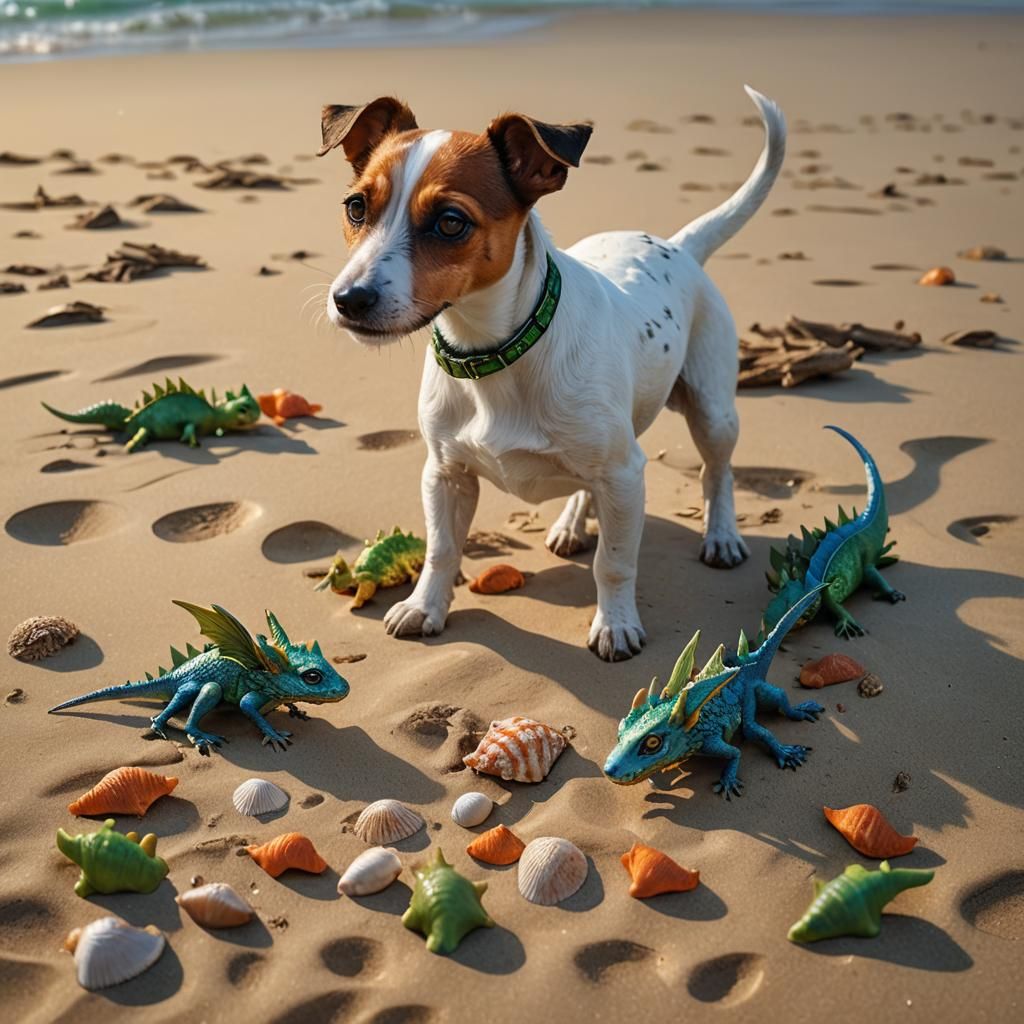 Jack Russel Terrier and Baby Dragons on Beach