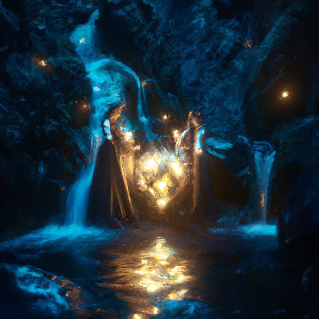 Mysterious Waterfall in Glowing Canyon with Ethereal Beings