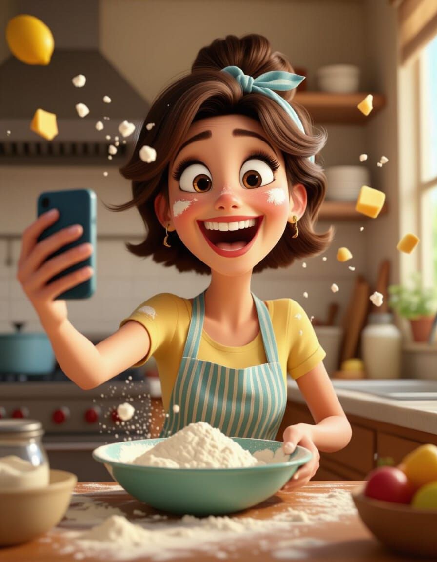 Joyful Woman's Messy Kitchen Selfie in Pixar Style