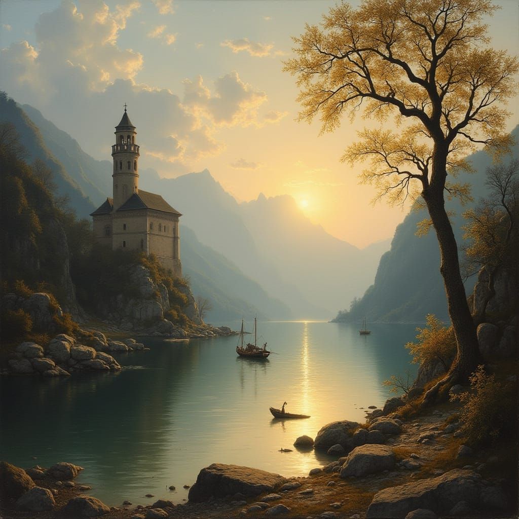 Southern Lago di Como Landscape in Realist and Romantic Styl...